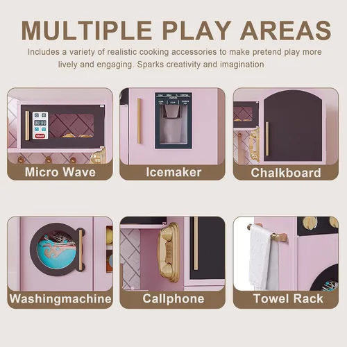 Miniatura 6 de Treocho Juego de cocina para niños, juego de cocina de madera para niños pequeños con almacenamiento, cocina de juguete de diseño moderno con grifo