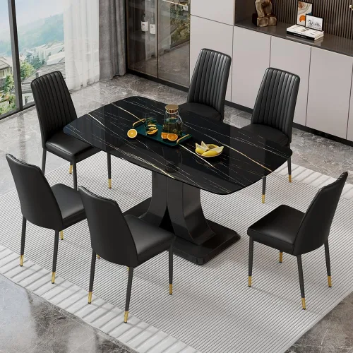 Miniatura 12 de Juego de mesa de comedor moderno para 6, juego de mesa de cocina y sillas de mármol para 6, mesa de cocina rectangular con 6 sillas tapizadas