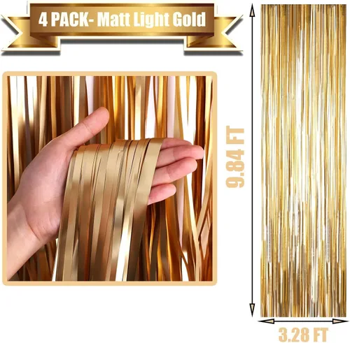 Miniatura 2 de Pack de 4 cortinas de flecos de papel de aluminio dorado champán, 3.3 pies x 9.8 pies, cortinas de tiras metálicas de papel de aluminio para Paquete