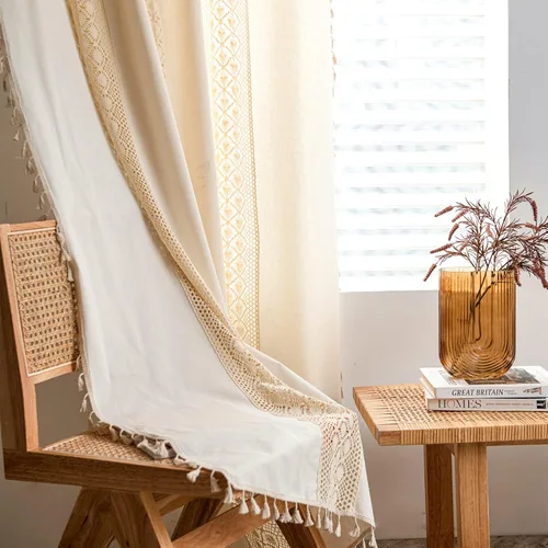 Miniatura 4 de Deeprove - Cortinas bohemias de 63 pulgadas de largo para dormitorio, rayas de lunares de punto hueco beige y patchwork de algodón y lino crema