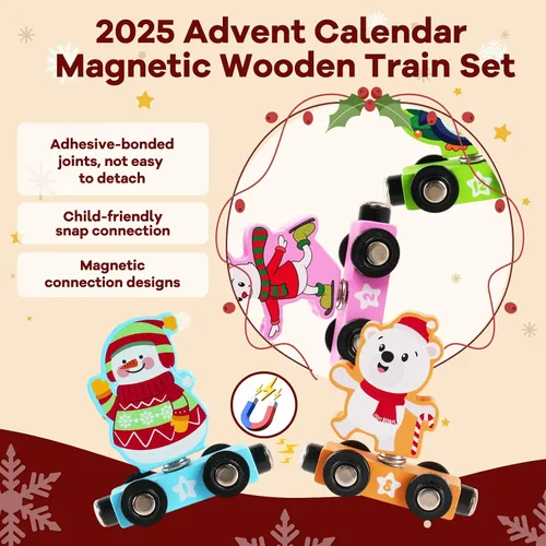 Miniatura 3 de Calendario de Adviento de tren 2025 para niños pequeños, juego de regalo magnético de tren de animales de madera, calendario de cuenta regresiva