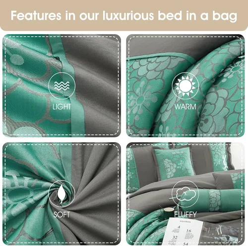 Miniatura 7 de Grand Avenue Juego de edredón gris aguamarina, tamaño Queen, juego de ropa de cama suave jacquard de 7 piezas, para todas las estaciones, falda