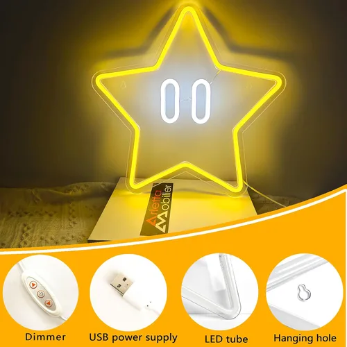 Miniatura 3 de Letrero de Neón con Forma de Estrella, Luz LED de Neón para Juegos para Decoración de Pared de Dormitorio Infantil, Decoración de Sala