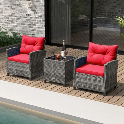 Miniatura 2 de KOTEK Juego de muebles de patio de 3 piezas, juego de conversación de ratán PE para exteriores con cojines lavables y tablero de mesa de vidrio
