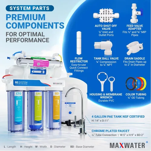 Miniatura 3 de Max Water Home RO Purificador de agua de 6 etapas para debajo del fregadero Sistema de filtración de agua de ósmosis inversa con capacidad de 50 GPD