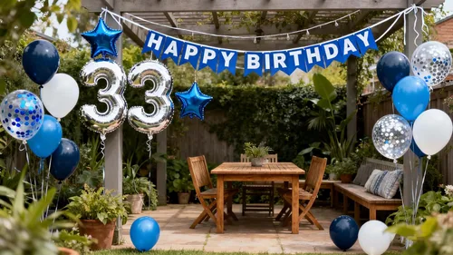 Miniatura 2 de Decoración de fiesta de cumpleaños número 33, color azul y plateado para hombres, pancarta de feliz cumpleaños número 33, globos de papel de 33rd