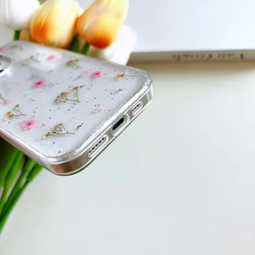 Miniatura 7 de LSEEKA Funda transparente para iPhone 14 Pro con diseño de flores reales prensadas, con purpurina, bonito patrón floral rosa, delgada, suave, funda