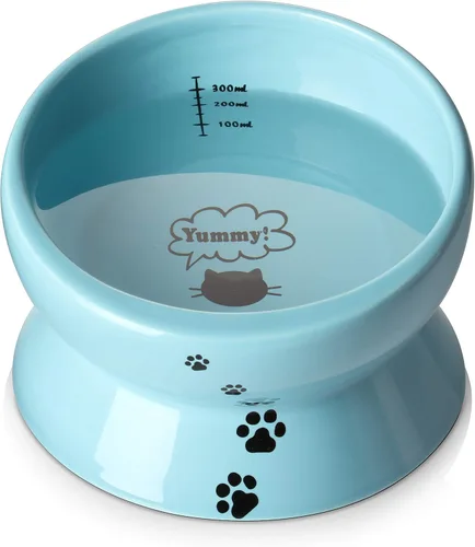Y YHY Tazón de cerámica para comida y agua de gatos inclinado de 15 onzas, azul lago