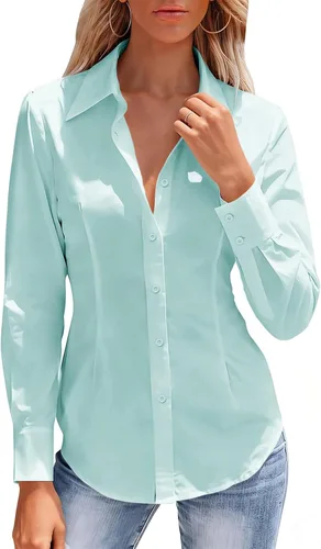 Miniatura 17 de Camisas con botones para mujer, camisa de vestir ajustada sin arrugas, blusa con cuello para trabajo, ropa de oficina, atuendo de otoño