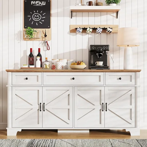 Miniatura 7 de BestHaped Armario de buffet de granja de 65 pulgadas con almacenamiento, aparador blanco con estantes ajustables y 3 cajones, mesa de buffet