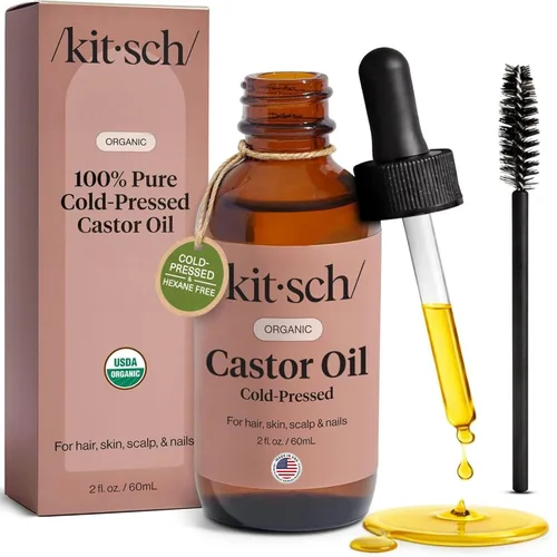 Kitsch Aceite de Ricino Orgánico para el Crecimiento del Cabello - Aceite de Ricino 100% Puro, Prensado en Frío Orgánico Sin Refinar en Botella de