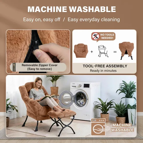 Miniatura 5 de Silla perezosa acogedora y otomana, juego grande de silla de descanso contemporánea, sillón tapizado de ocio para lectura para dormitorio, sala