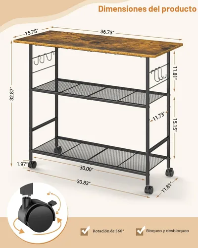 Miniatura 2 de Isla de cocina con 3 estantes, carrito de cocina rodante con 6 ganchos y estante protector, soporte de microondas con ruedas bloqueables, estante
