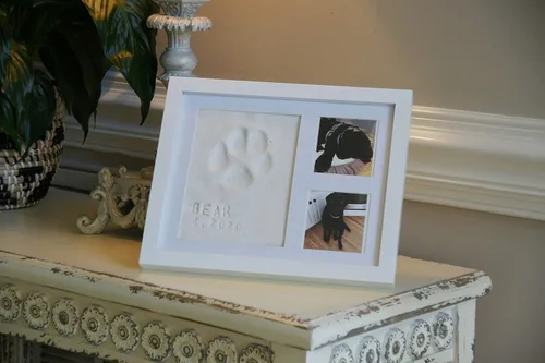 Miniatura 4 de Kit de recuerdo y marco de fotos con estampado de patas de perro o gato, marco de fotos de madera de primera calidad, molde de arcilla para huellas