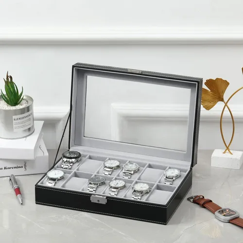 Miniatura 2 de Caja de reloj con 12 ranuras para reloj, organizador con parte superior de cristal, caja de almacenamiento de reloj negra para hombres y mujeres