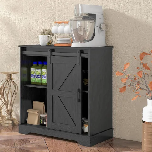 Miniatura 2 de Panana - Gabinete de almacenamiento de aparador con puerta corredera de granero, estilo de casa de campo para barra de café, cocina (Negro)