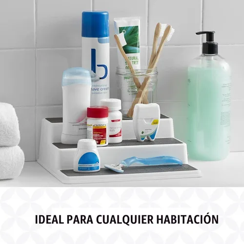 Miniatura 4 de Copco Organizador de especias de 3 niveles para armario o despensa, estante escalonado antideslizante de 10 pulgadas, diseño blanco/gris que