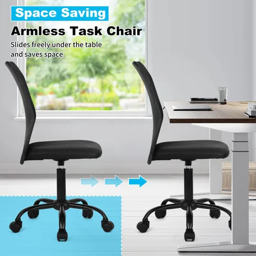 Miniatura 10 de Silla de oficina en casa sin brazos Silla de escritorio pequeña con respaldo medio de malla sillas básicas de computadora Silla de oficina giratoria