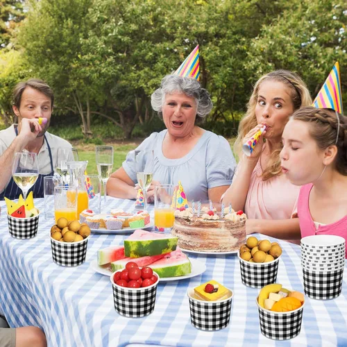 Miniatura 5 de Sieral Paquete de 50 tazas de papel de helado de guingán de 9 onzas, cuencos desechables de picnic, postre de búfalo a cuadros, cuenco de papel a