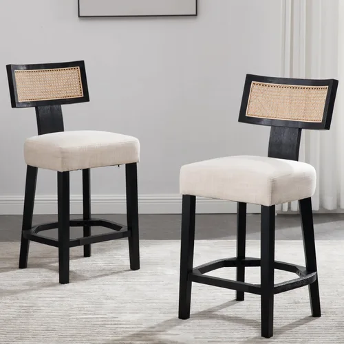 Miniatura 7 de RIVOVA Taburete de bar de ratán de 26 pies, taburetes de cocina modernos con respaldo tejido de ratán natural, sillas tapizadas de lino de granja