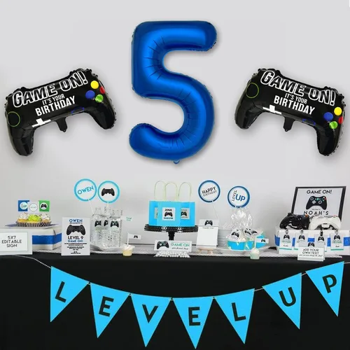 Miniatura 4 de Suministros de fiesta de videojuegos azul marino para decoración de fiesta de 5º cumpleaños para niños, 2 paquetes de globos de juego con globo azul