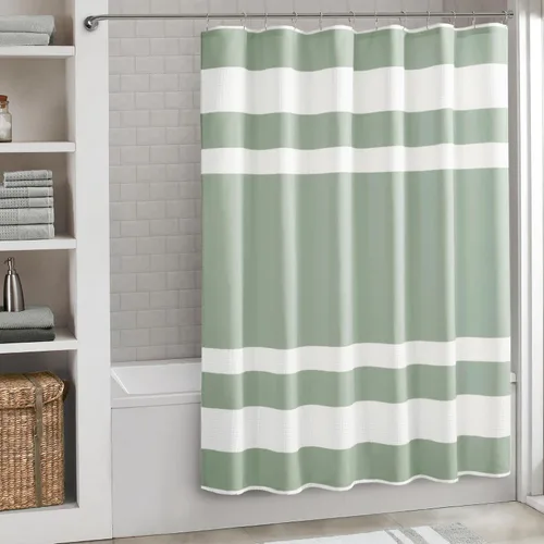 Miniatura 59 de Madison Park Cortina de ducha de tejido waffle con diseño a rayas en piezas, cortina de ducha de tela para baño con gestión de humedad 3M Rayas Taupe