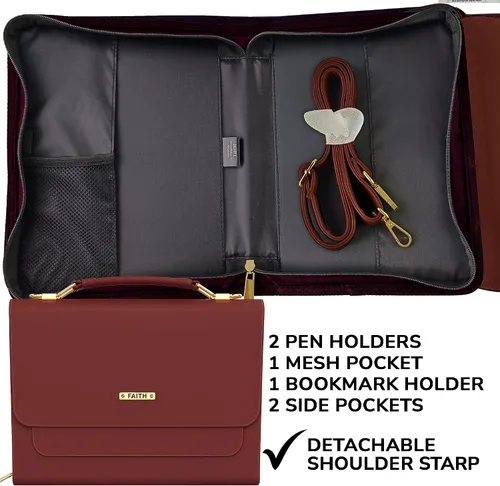 Miniatura 9 de DEHITE Funda para la Biblia para mujer, bolsa de transporte para la Biblia, ranuras para bolígrafos, bolsillo con cremallera, correa para el hombro