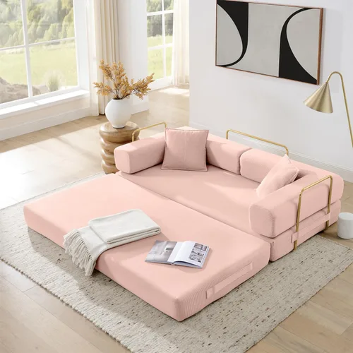 Miniatura 11 de Sofá cama plegable convertible 4 en 1, sofá de 78 pulgadas sin estructura rígida con marco de forma fija, sofá biplaza de pana con cama extraíble