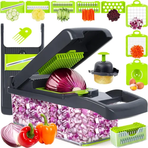 Cortador de verduras con mandolina, picador de verduras, multifuncional 10 en 1, cortador de verduras de cocina, picador de cebolla, queso, cesta