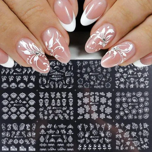 Miniatura 10 de Calcomanías de Arte de Uñas de Flores, Calcomanías de Uñas de Flores Blancas Suministros de Arte de Uñas 3D Encaje Retro Hoja de Flor Enredadera