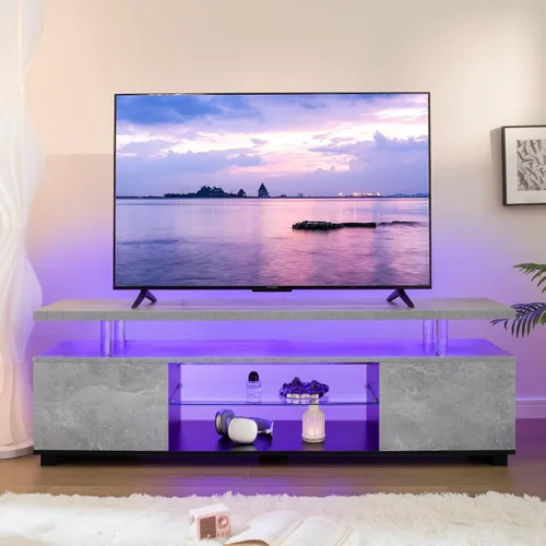 Miniatura 8 de Soporte de TV negro con luces LED para TV de 60 o 65 pulgadas, moderno centro de entretenimiento con almacenamiento, consola de TV