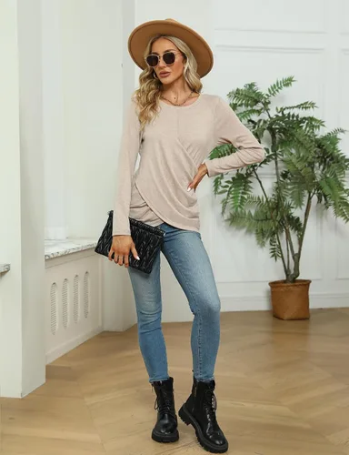 Miniatura 5 de Blusa con cuello en V, manga larga y nudo trenzado para mujer, diseño cómodo, holgado e informal