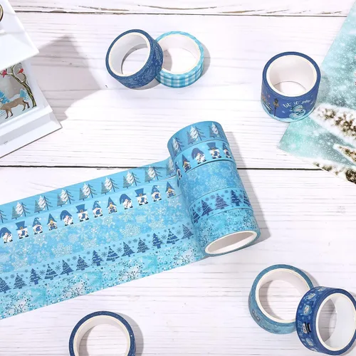 Miniatura 4 de Whaline 16 rollos de cinta Washi de invierno, 4 tamaños, cinta adhesiva Washi azul para Navidad, copo de nieve, muñeco de nieve, papel decorativo