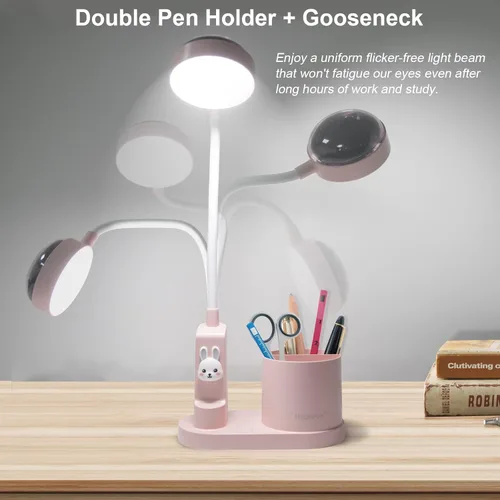 Miniatura 4 de Lámpara LED de escritorio para niños, pequeña y bonita luz de mesa con soporte para bolígrafo, lámpara de cuello de cisne rosa, proyector