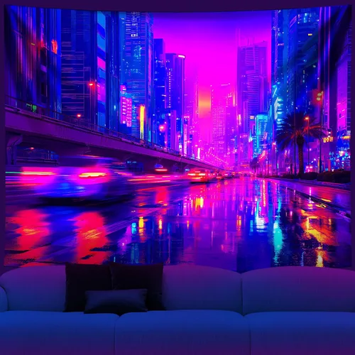 Miniatura 14 de NYZE Tapiz de luz negra de ciudad, tapiz de anime japonés, juego punk, fantasía, vista nocturna, paisaje urbano, arte futurista, neón, tapices