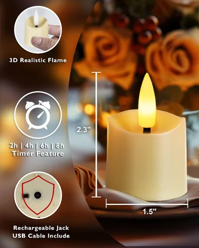Miniatura 5 de Homemory - Velas recargables sin llama, Velas votivas LED con temporizador de 2/4/6/8H, 6 piezas, velas de té operadas por batería con temporizador