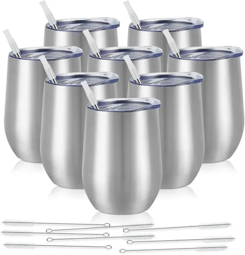 Miniatura 26 de Paquete de 12 vasos de vino de acero inoxidable, 12 onzas, doble pared, aislados al vacío, con tapas y pajitas, copas de vino sin tallo de acero Oro