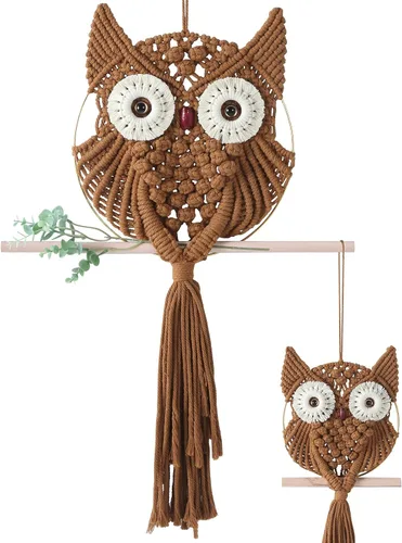 Miniatura 8 de MVSUTA Owl Burgundy Cotton Handmade Macrame Wall Hanging Tapestry Home Decor Art and Red Craft Wonderful Decoration Woven Boho Ornament for Office