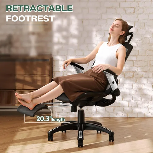 Miniatura 4 de GABRYLLY Silla de oficina ergonómica con reposapiés, silla de escritorio de espalda alta para el hogar - Reposacabezas 3D, brazos abatibles, Negro