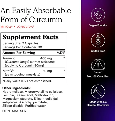 Miniatura 5 de MitoQ Curcumina Longvida Fórmula Lipidada Antioxidante dirigido a mitocondrias Curcumina de forma libre ultra biodisponible y acción sostenida, 60