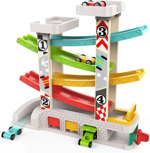 TOP BRIGHT Juguete de rampa de coche para regalos de niños de 2 a 3 años, juguete de pista de carreras para niños de 18 meses con 4 autos de madera