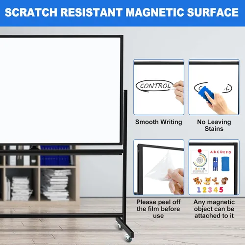 Miniatura 2 de Max-officoo Pizarra Blanca Grande de Borrado en Seco con Soporte Rodante 72"x48" Pizarra Blanca Magnética Móvil de Doble Cara sobre Ruedas, Incluye