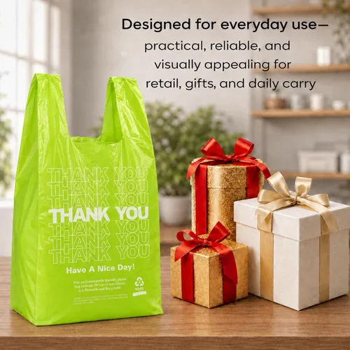 Miniatura 3 de YoYoRain 100 unidades de bolsas de camiseta “Gracias” – Bolsas de plástico verdes para compras con asas, para venta al por menor, abarrotes