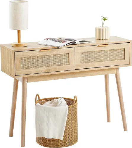Miniatura 11 de Mesa consola de ratán VEVOR, mesa de entrada con 3 cajones de almacenamiento, mesa de pasillo con puerta corrediza de ratán natural, mesa consola