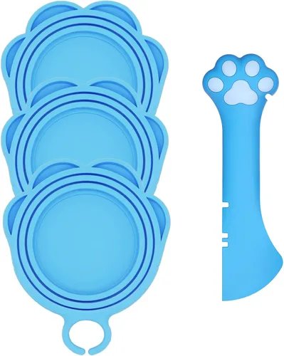 Miniatura 10 de Cuchara para Latas de Comida para Mascotas y 3 Tapas para Latas Espátula Abridor con Forma de Pata Linda Cuchara para Comida Húmeda de Gato Gris
