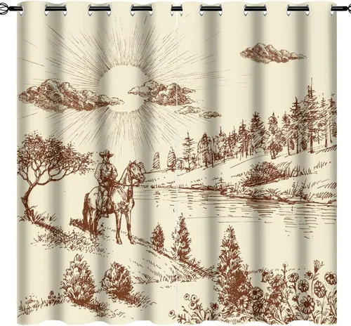 Miniatura 18 de Cortinas opacas retro de vaquero occidental para dormitorio, estilo rústico, cactus, salvaje oeste, vaquero, paseo, caballo, con ojales, aislamiento