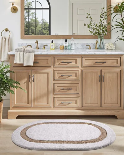 Miniatura 8 de LUMI Alfombra de baño ovalada blanca, 24 x 44 pulgadas, antideslizante, lavable, alfombra de baño suave y absorbente con microfibra de secado rápido