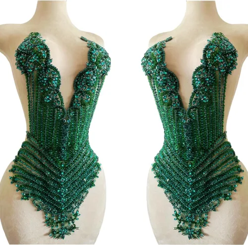 Parches de corpiño hechos a mano con cuentas grandes de diamantes de imitación de encaje, adornos para coser en lentejuelas, piedras y cuentas Verde