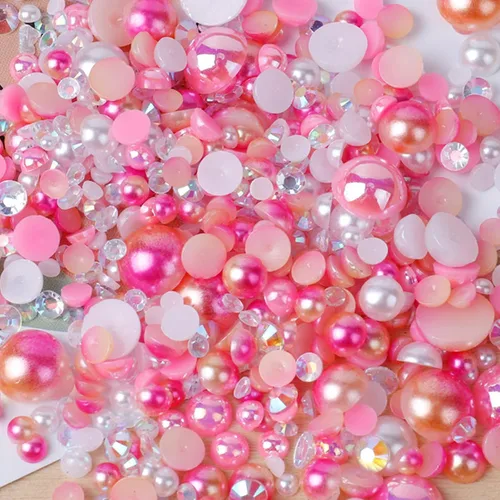Miniatura 8 de Perlas planas y diamantes de imitación de 2.12 oz, 2200 unidades de diamantes de imitación de resina de color AB de tamaño mixto de 3 a 0.394 in