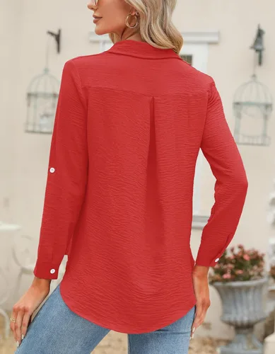 Miniatura 19 de Odosalii - Camisas con botones para mujer, con cuello en V, manga larga, enrolladas, blusas elegantes y formales para negocios y ocasiones casuales